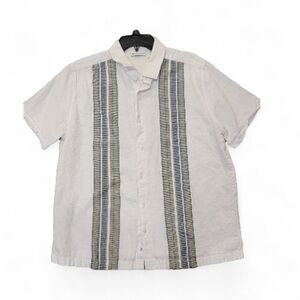 Cubavera White Short-Sleeve Button-Down with Olive & Navy Stripes